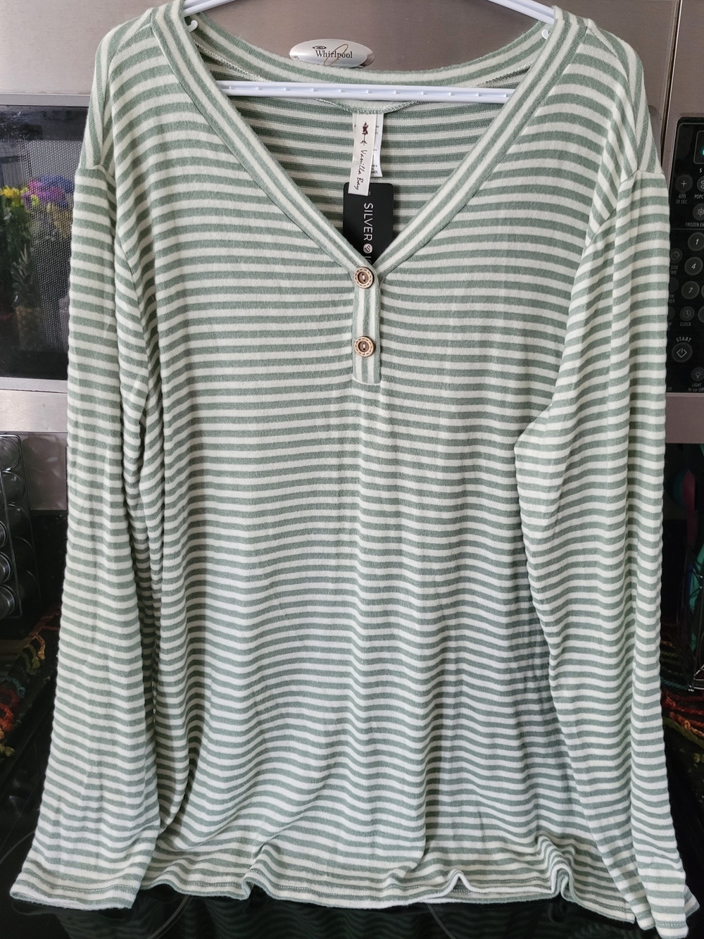 Vanilla Bay Sage and Cream Striped V-Neck Henley Top